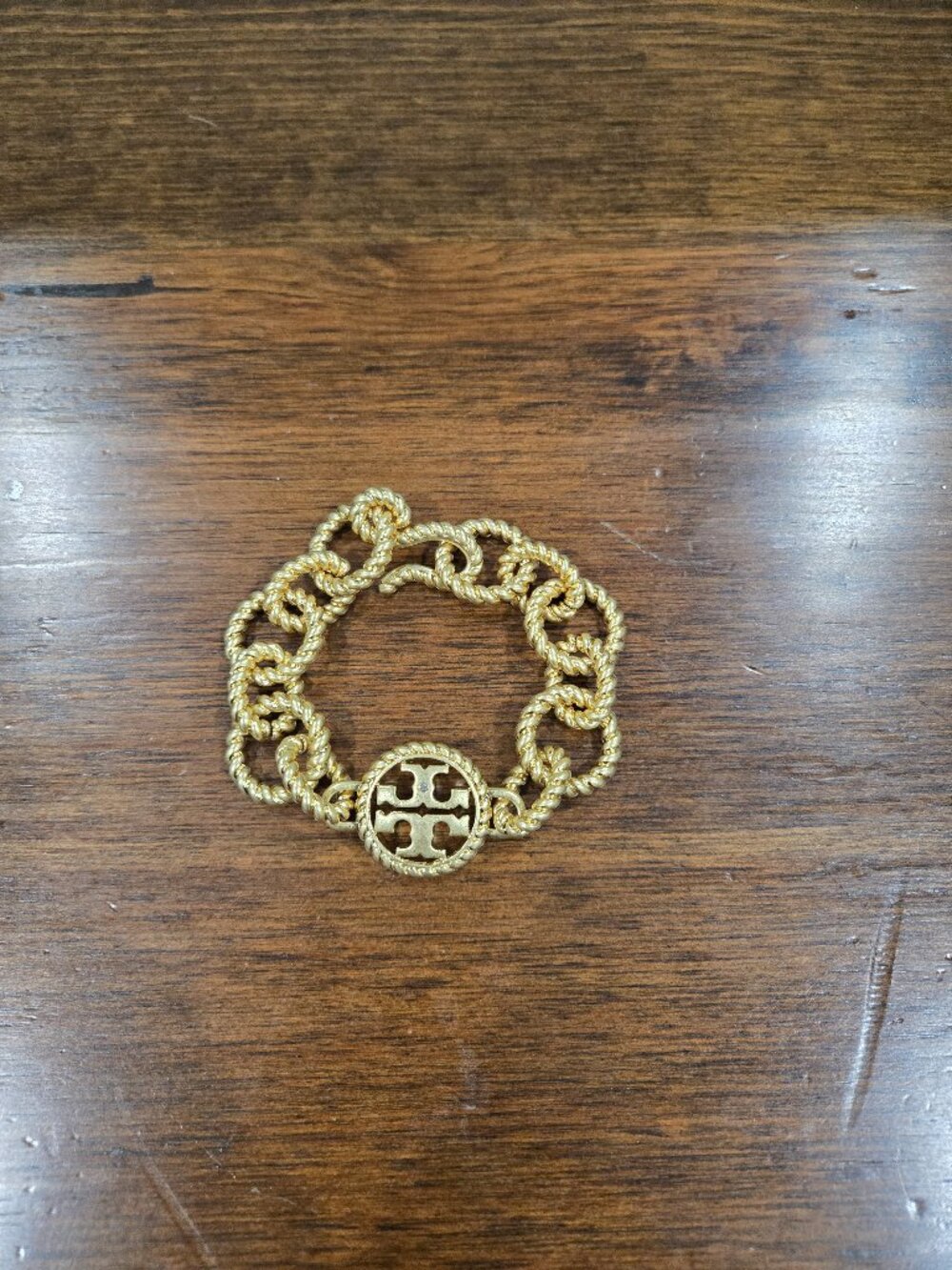 Tory Burch Twisted Rope-Link Gold Logo Medallion Bracelet